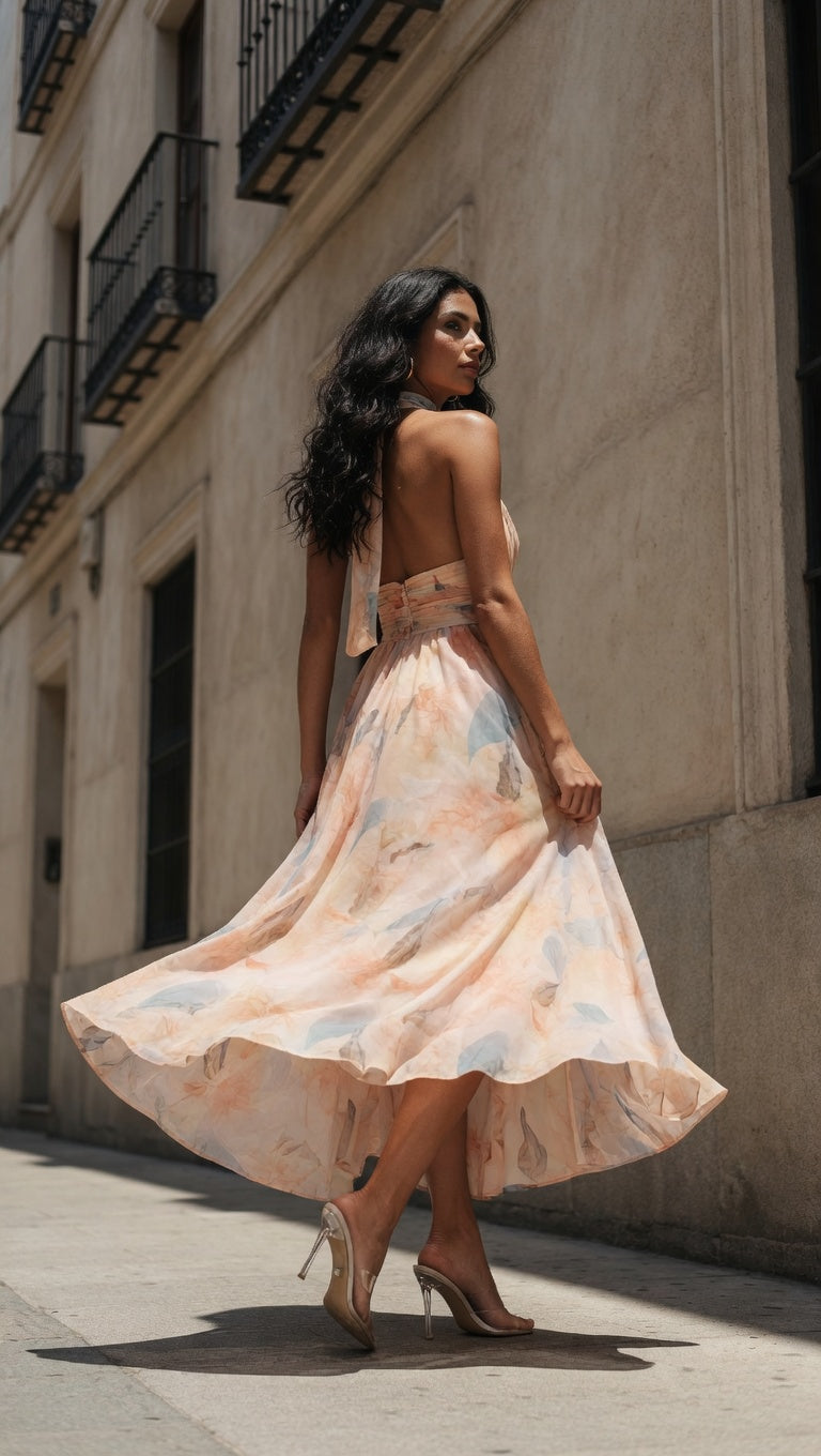 TREISA | VESTIDO DE IMPRESIÓN ACUARELA CON CUELLO HALTER