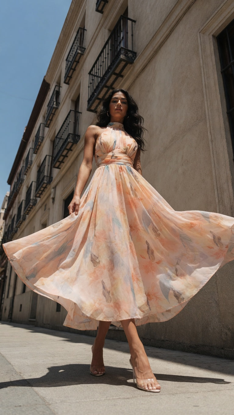 TREISA | VESTIDO DE IMPRESIÓN ACUARELA CON CUELLO HALTER